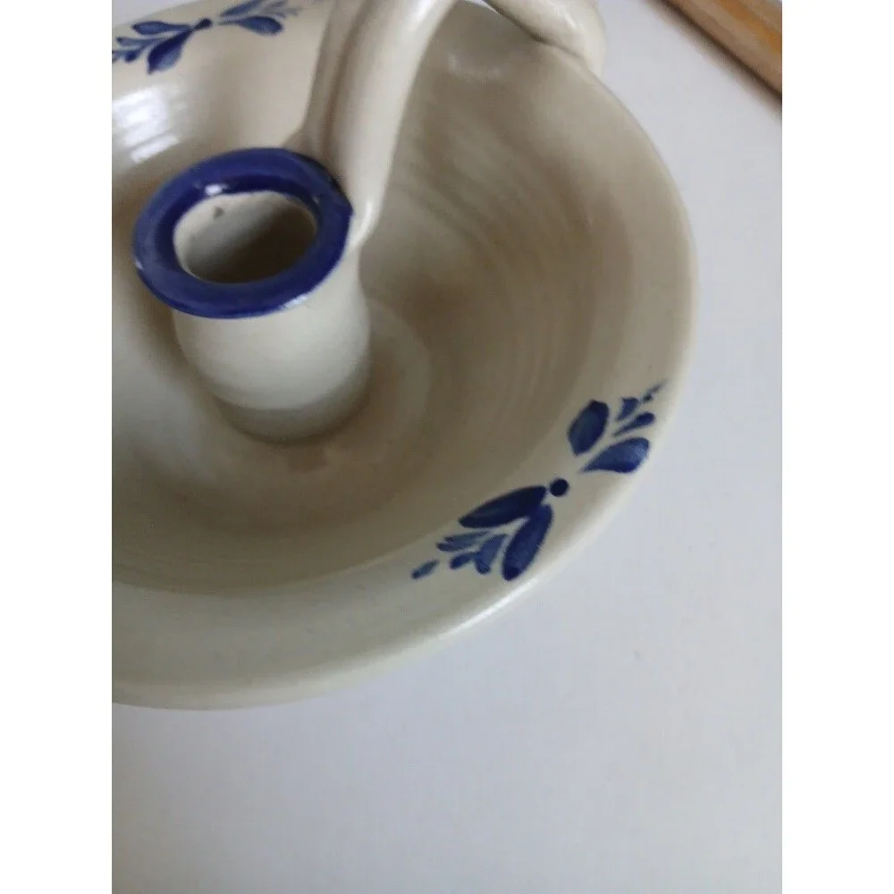 Vtg Williamsburg Pottery Salt Glazed Blue Stencil  Crock Candlestick Holder